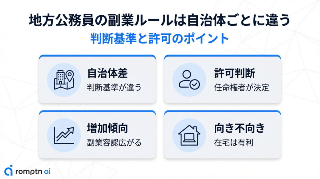 地方公務員の副業判断における4つのポイント。地域によって基準が異なる「自治体差」、任命権者が個別に判断する「許可判断」、近年広がりを見せている「容認の増加傾向」、在宅業務が有利に働く「向き不向き」についての解説。