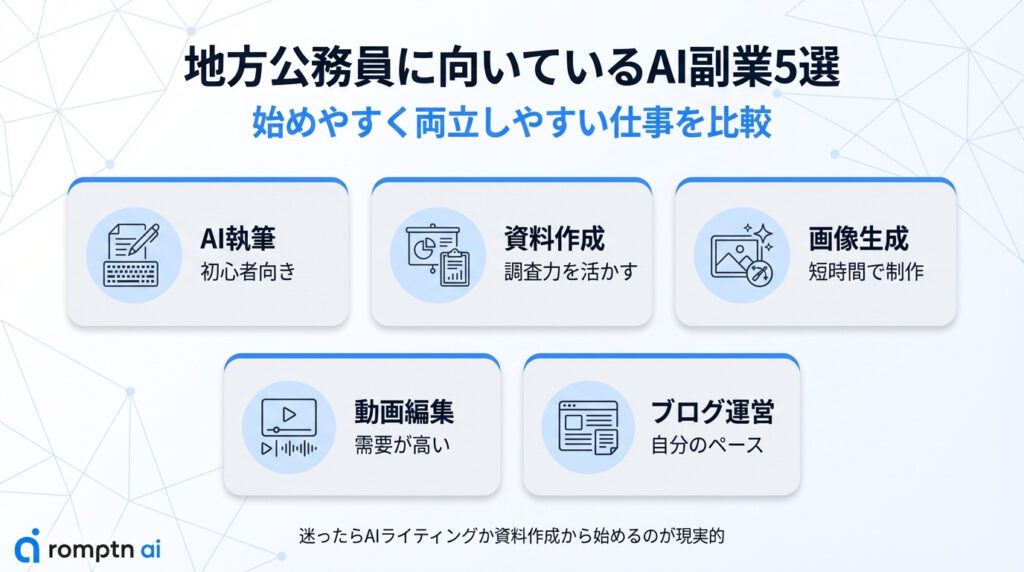 地方公務員が始めやすく両立しやすいAI副業5選の比較。初心者向けの「AI執筆」、調査力を活かす「資料作成」、短時間で制作できる「画像生成」、需要が高い「動画編集」、自分のペースで進められる「ブログ運営」の紹介。