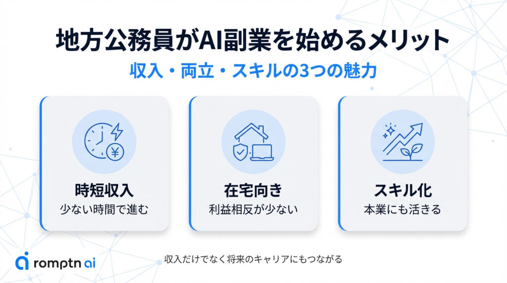 地方公務員がAI副業に取り組む3つの魅力。少ない時間で効率的に稼ぐ「時短収入」、利益相反のリスクを抑えられる「在宅向き」、得た知見が本業の効率化にも繋がる「スキル化」のポイント解説図解。