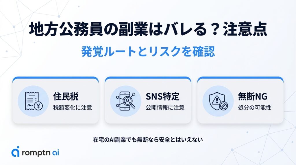地方公務員がルールを守ってAI副業を始めるための5ステップ。AIツールを理解する『基礎学習』、許可の要否を確認する『ルール確認』、実績を作る『小さく受注』、安全に進める『在宅ワーク』、そして『継続成長』へと繋げる手順の紹介。