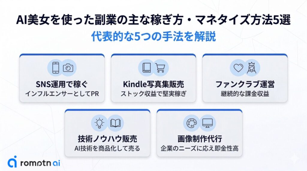 AI美女を使った副業の主な稼ぎ方・マネタイズ方法5選の要約画像