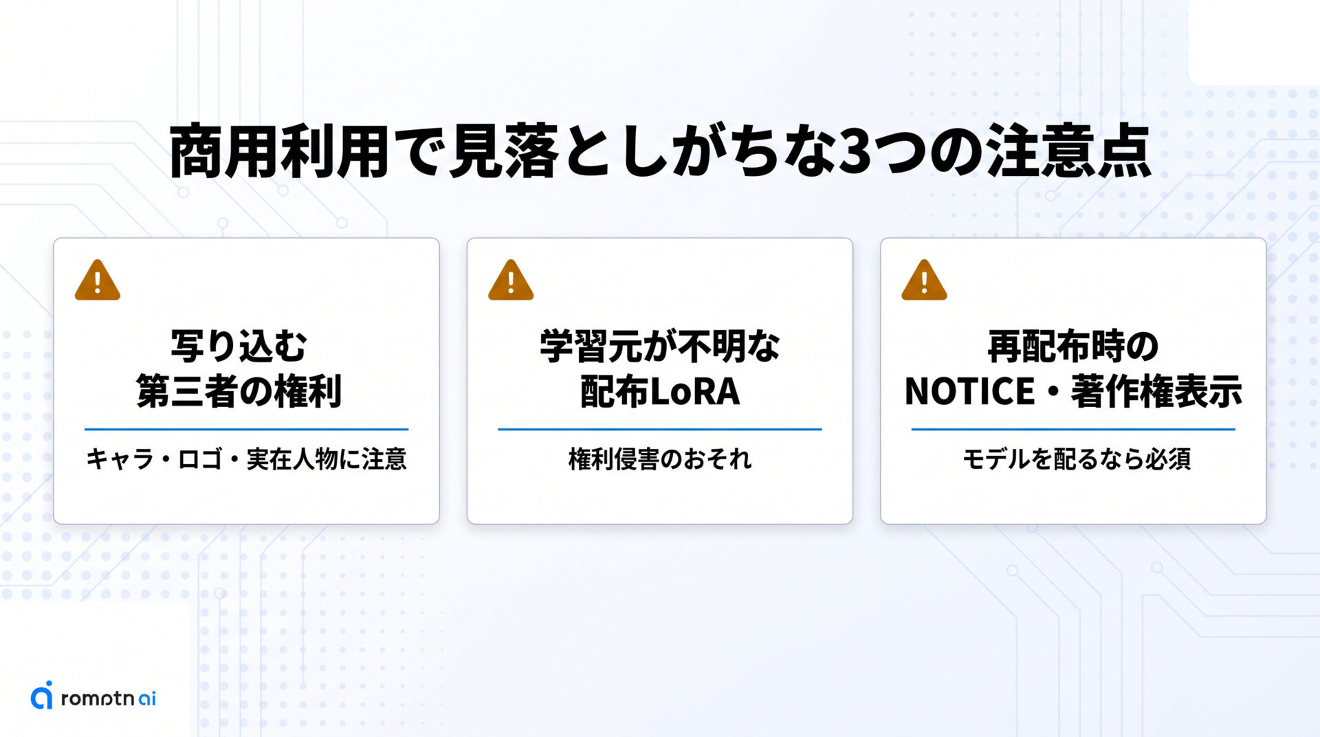 商用利用で見落としがちな注意点の要点をまとめた図解