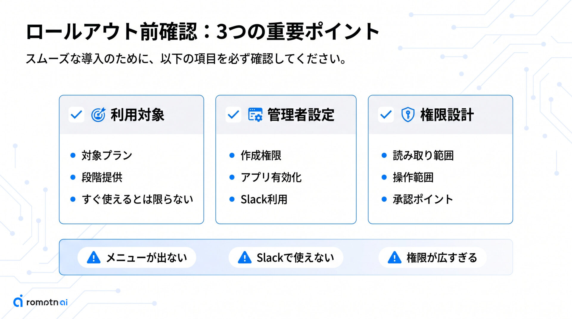 使い始める前の確認事項の要点をまとめた図解