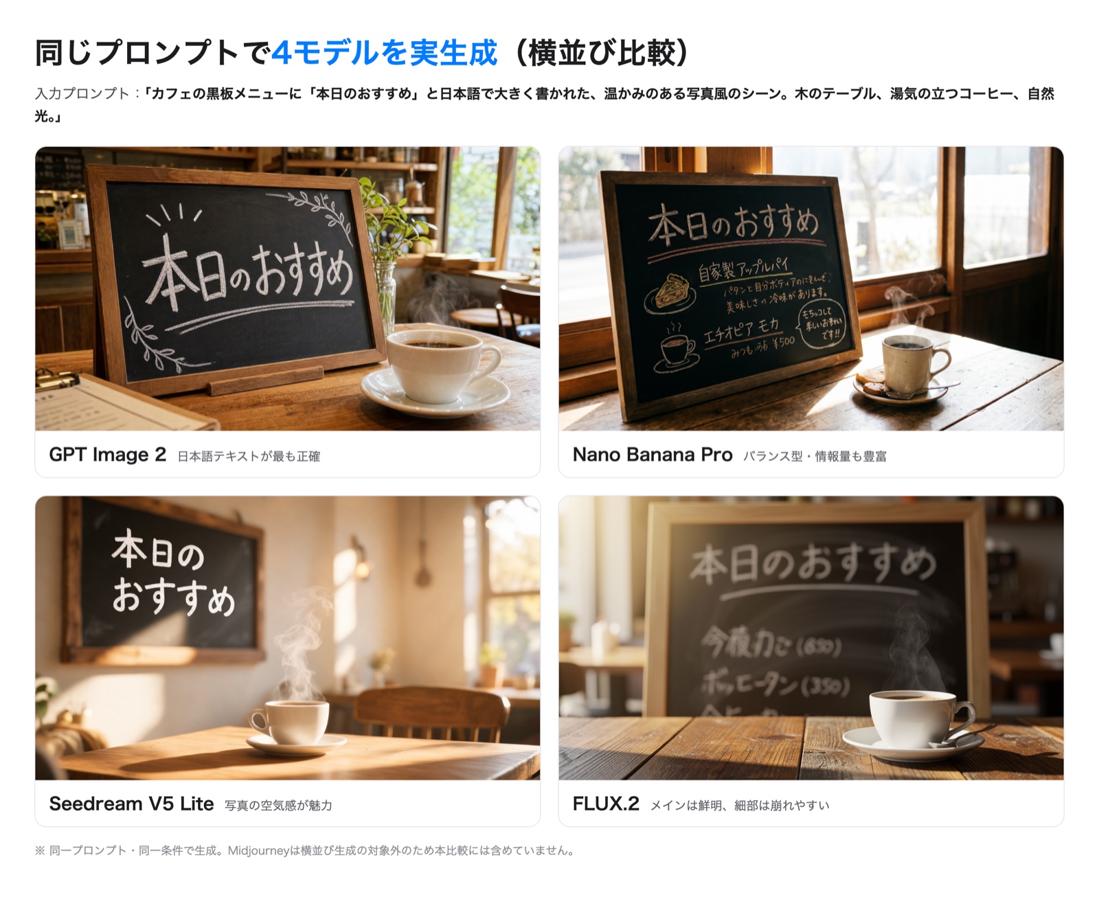 同じプロンプトをGPT Image 2・Nano Banana Pro・Seedream V5 Lite・FLUX.2に通した横並び比較画像