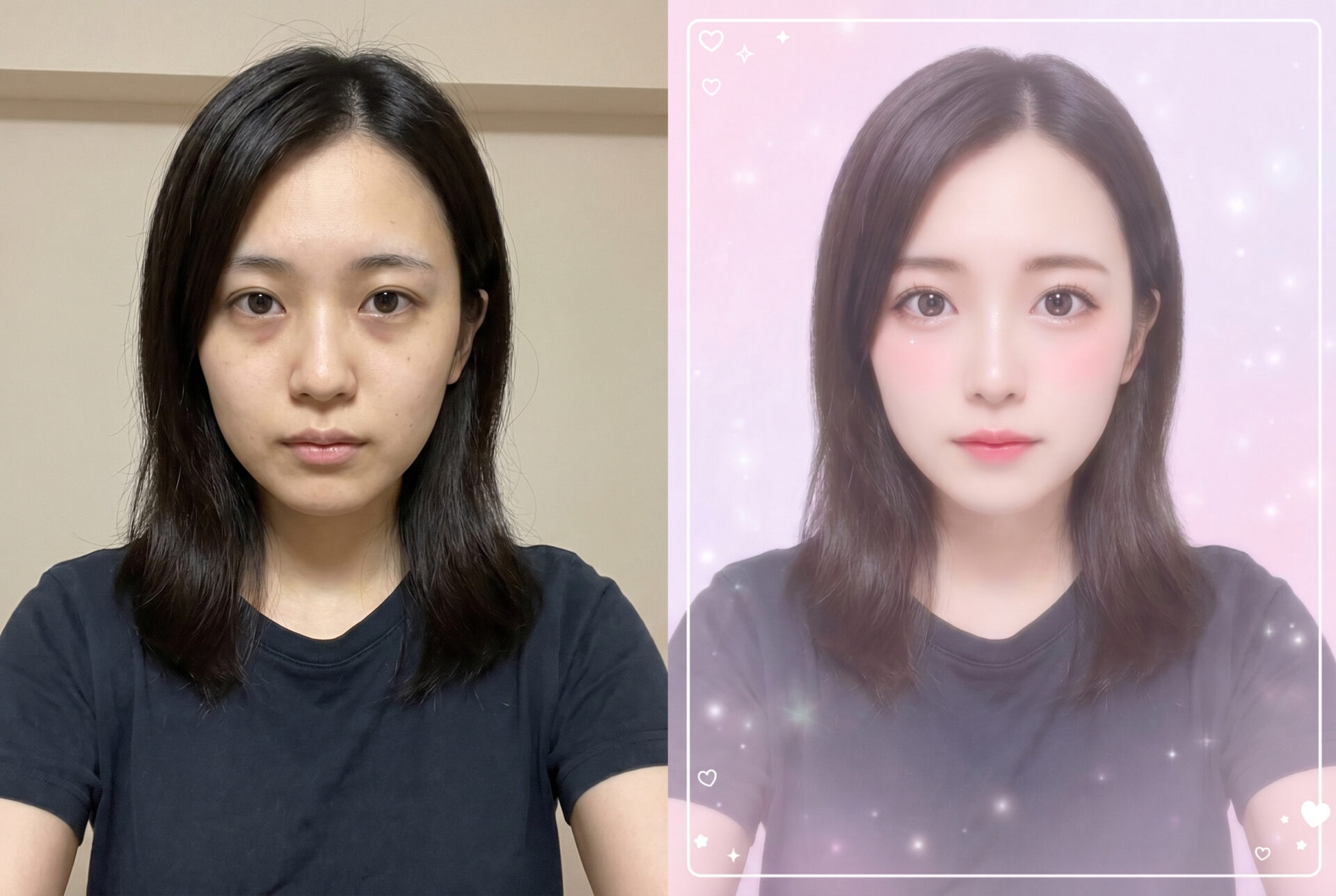 Geminiに言葉で頼んでプリクラ風に盛った自撮りのビフォーアフター例。左が加工前のふつうの自撮り、右がパステル調の背景と明るくやわらかい雰囲気でプリクラ風に仕上げた状態。
