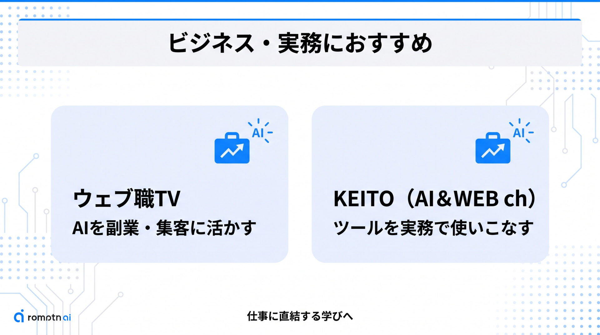 【ビジネス・実務】仕事で生成AIを活かしたい人向けのおすすめチャンネルの要点をまとめた図解
